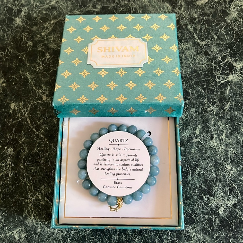 Shivam India Blue Quartz Genuine Gemstone With brass flower Bracelet